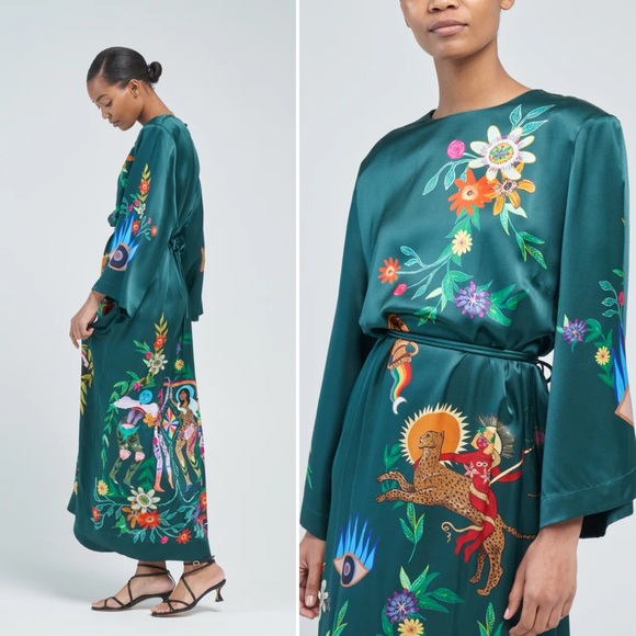 Alemais Agatha Printed Graphic Maxi Midi Slit Belted Dark Green Dress size US 6 - Picture 7 of 15